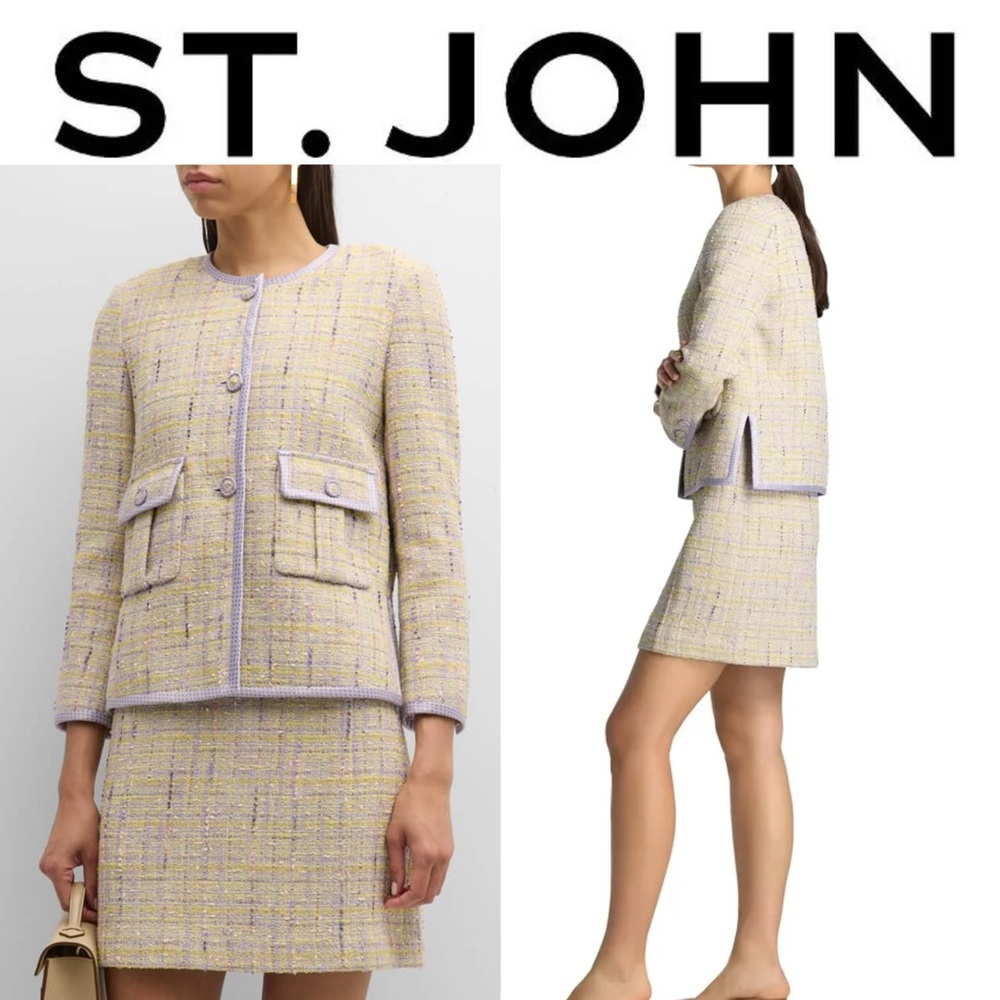 $1695 St. John Polka-Dot Trim Textured Metallic Slub Tweed Jacket size 10